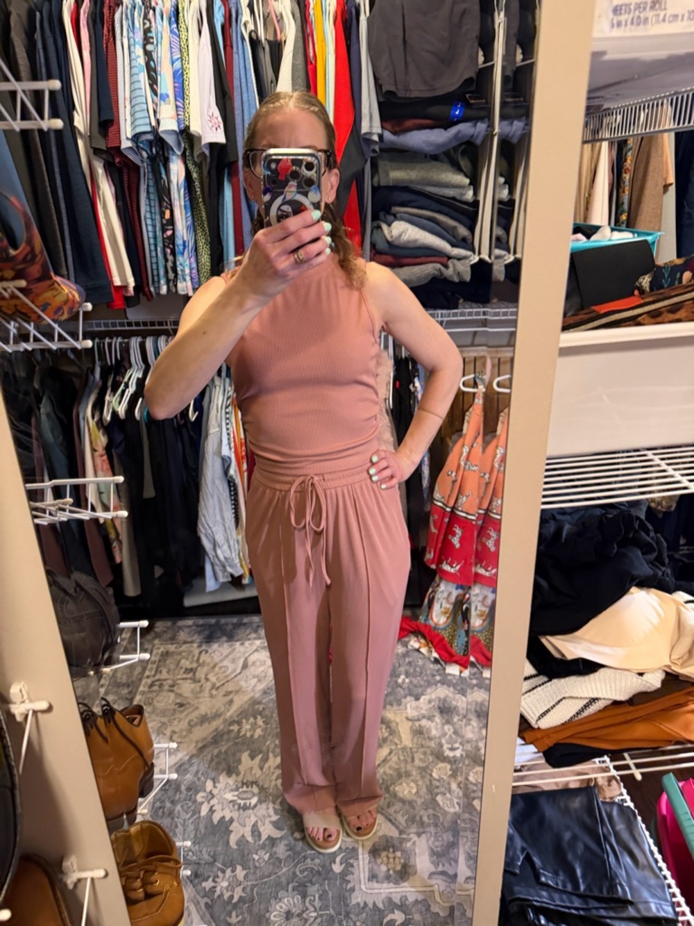 Women’s Pink High-Waist Drawstring Wide-Leg Jumpsuit